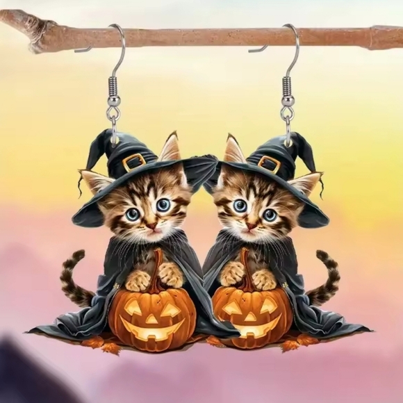 Cute Halloween Cat Witch Earrings – Acrylic Pumpkin Design - Picture 7 of 9